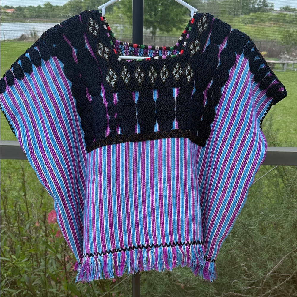 Black, Blue & Pink Striped Handwoven Boho Top - Picture 2 of 2